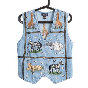 LifeStyle Safari Denim Vest M Women VTG 90s Blue Jean Embroidered Animals Cotton